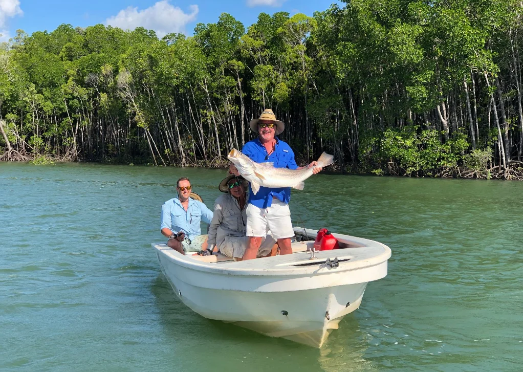 Giant Barramundi catch Arnhem Land estuary by James in motored skiff 