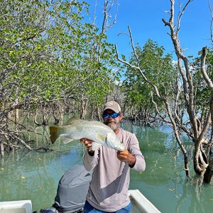 Fishing Barra in the trees on the river