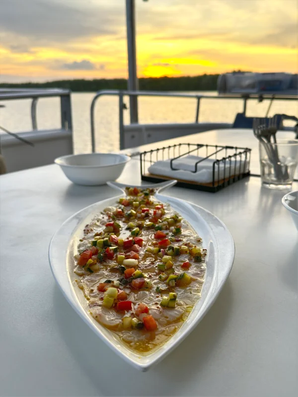 onboard dining includes delicious dishes on the top deck